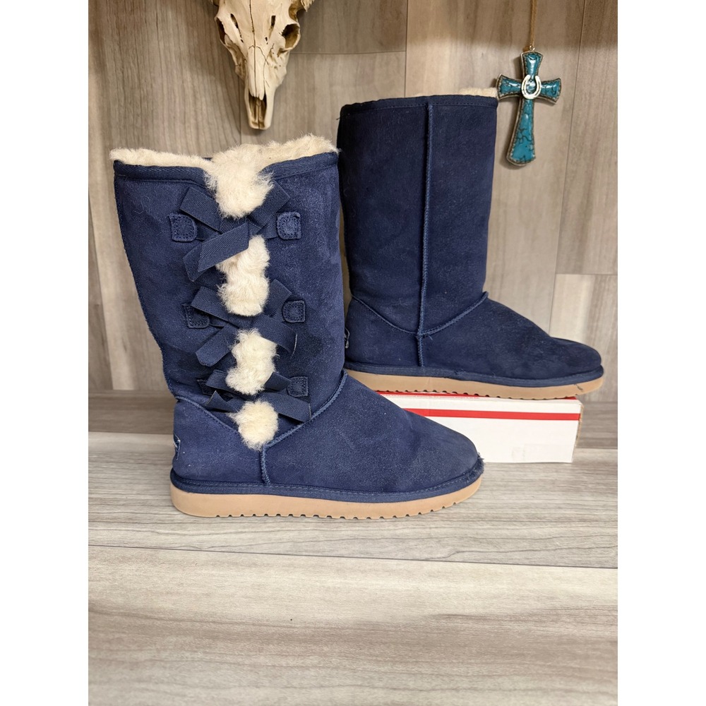 Koolaburra by UGG Victoria Boots Womens 8 Navy Blue Bow Faux Fur Trim